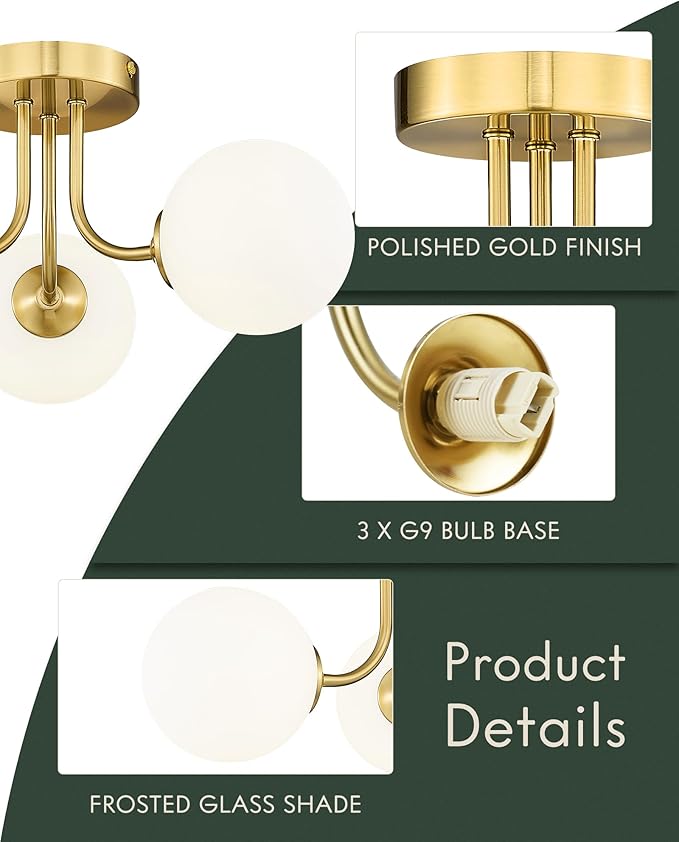 3-Globe Gold Semi Flush Mount Ceiling Light in a Modern Farmhouse Design is Ideal for Living Rooms, Bedrooms, or Dining Rooms. Model:CKCL4845-3W-PG