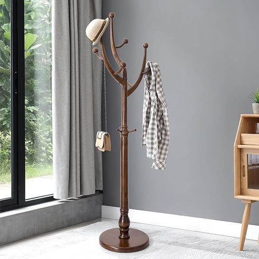 Coat Rack Freestanding Coat Tree with Sturdy Round Base, Unique Coat Hanger Stand, Heavy Duty Standing Coat Rack Clothes Stand for Winter Jacket, Hat, Entryway/Hallway/Bedroom, Walnut
