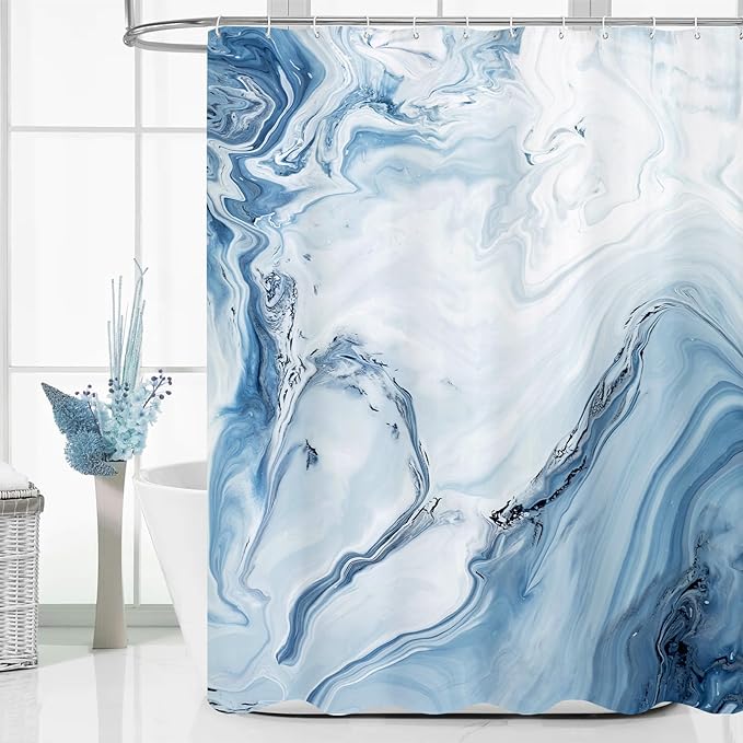 MitoVilla Blue Marble Shower Curtain, Modern Ombre Fabric Cloth Shower Curtains for Luxury Bathroom Decor, Abstract Chic Summer Watercolor Shower Curtain, 72x72