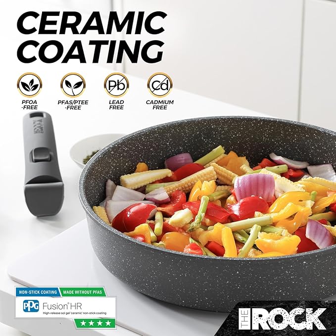 THE ROCK SMART SPACE Ceramic 16pc Nonstick Pots and Pans Set with ROCK.TEC, Cookware Set with Detachable Handles, Scratch/Stain/Crack Proof, Oven & Dishwasher Safe, PFAS & PFOA Free, Grey