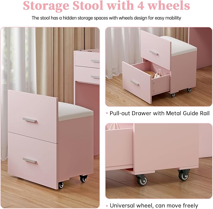 Compact Vanity with 3 Drawers, 3 in 1 Vanity Desk, Makeup Desk with Flip-up 3 Colors Lighting Mirror and Cushioned Stool, Small Vanities Nightstand Perfect for Bedroom, Pink