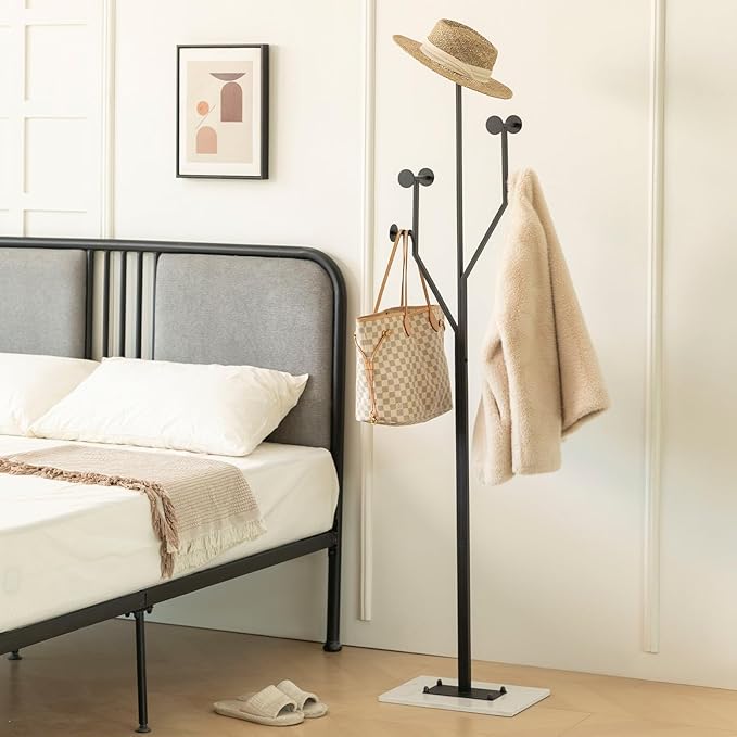 Heavy Duty Coat Rack Tree-shaped Metal Freestanding Coat Tree with Sturdy Marble Base Corner Coat Rack for Bedroom Entryway Hallway 14.96 x 10.24 x 68.9 Inches (Black)