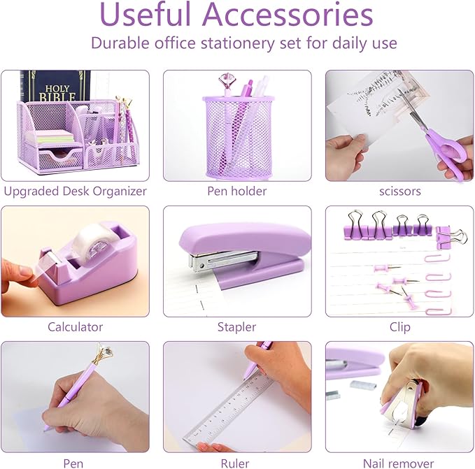 yuun Desk Organizers and Accessories, Purple Office Organizer for Women Storage with Stapler, Tape Holder, Clips Set, Staple Remover, Scissor, Pen Holder, Ruler, Pen, Staples and Transparent Glue