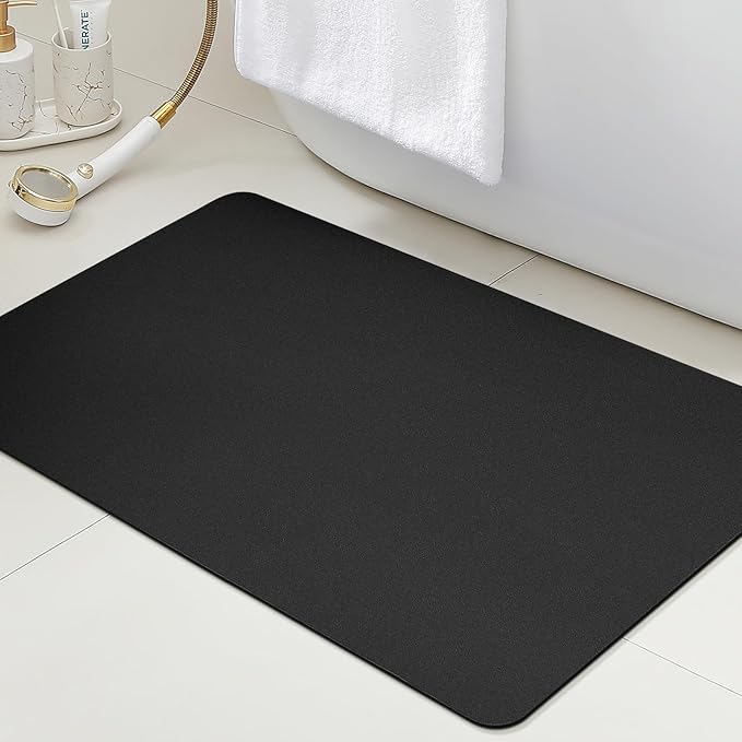 Ultra Thin Non-Slip Bath Mat Fit Under Door, Upgrade Backing Non Slip Bath Mat, Quick Dry Ultra Absorbent Bathroom Rugs, Machine Washable Bath Mats for Bathroom, Bathtub & Kitchen, Black, 32"x20"