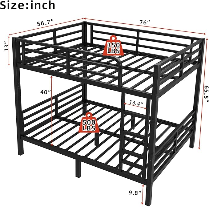 Full Over Full Bunk Bed Frame, Heavy Duty Metal Loft Bed for Adults/Teens, 350/500LB Capacity w/Ladder & Guardrail, Noise-Free Steel Slats, No Box Spring Required, Black