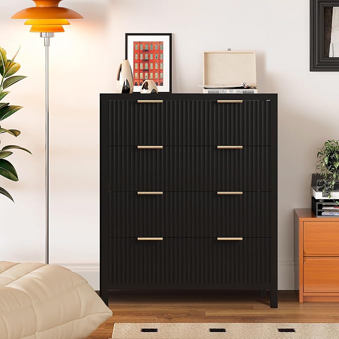 Fluted 4 Drawer Tall Dresser for Bedroom, Mid Century Modern Nightstand with Drawers, Tall Bedside Table for Closet Cloth, Living Room End Table with Storage for Dorm -Black