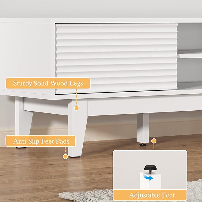 Wooden Fluted TV Stand for 55 65 70 inch TV, Long & Large TV Media Console Table with Storage Cabinets, Boho Farmhouse Entertainment Center for Living Room, Bedroom - White