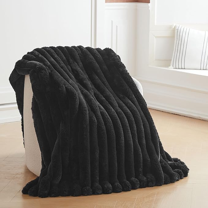 Faux Fur Throw Blanket for Couch, Cozy Warm Plush Striped Blanket for Sofa Bedroom Living Room, 50x60 Inches Black