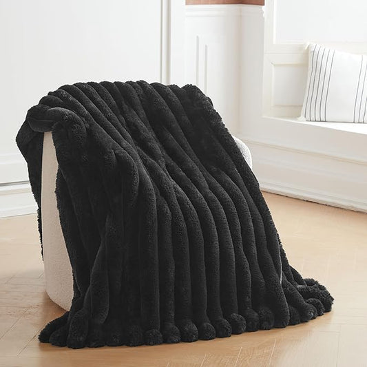 Faux Fur Throw Blanket for Couch, Cozy Warm Plush Striped Blanket for Sofa Bedroom Living Room, 50x60 Inches Black