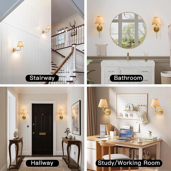 Boho Battery Operated Rattan Wall Sconces Set of Tow, Wireless Rechargeable Battery Powered Wall Light with Grass-Woven Lampshade for Bedroom Living Room Hallway Porch