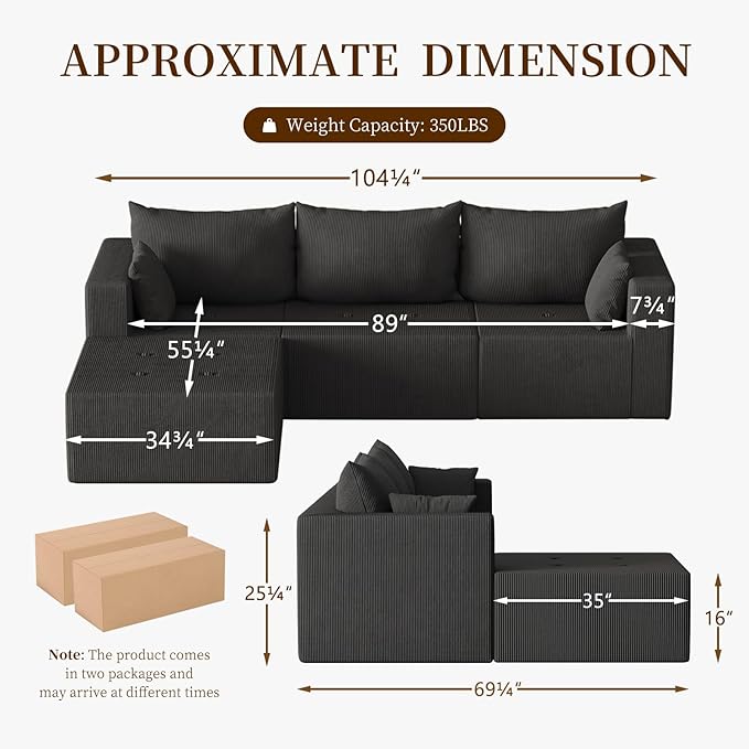 105" Modular Cloud Couch with Chaise Lounge, L-Shape Non-Assembly Required Sectional Sofa, 27" Deep Seat Modern Corduroy Sofa, Comfy High-Density Foam Couch for Living Room, Apartment