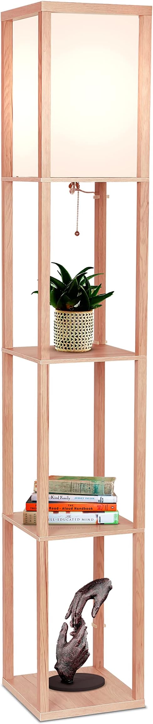 Brightech Maxwell - Modern Shelf Floor Lamp with Lamp Shade and LED Bulb - Corner Display Floor Lamps with Shelves for Living Room, Bedroom and Office - Natural Wood