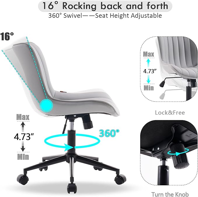 YOUNIKE Grey Home Office Desk Chair with Wheels Comfy Armless Vanity Chair with Back Modern Leather Upholstered Rolling Computer Task Chair Small Cute Drafting Sewing Chair Swivel Adjustable Ergonomic