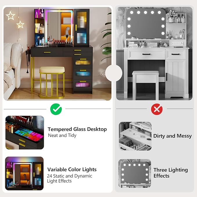 Makeup Vanity Desk with Mirror and RGB Lights,Glass Top Vanity Table with Wireless Charging & Stool,Vanity Set with 6 Drawers & Storage Cabinet & Makeup Organizer，Bedroom（Black）