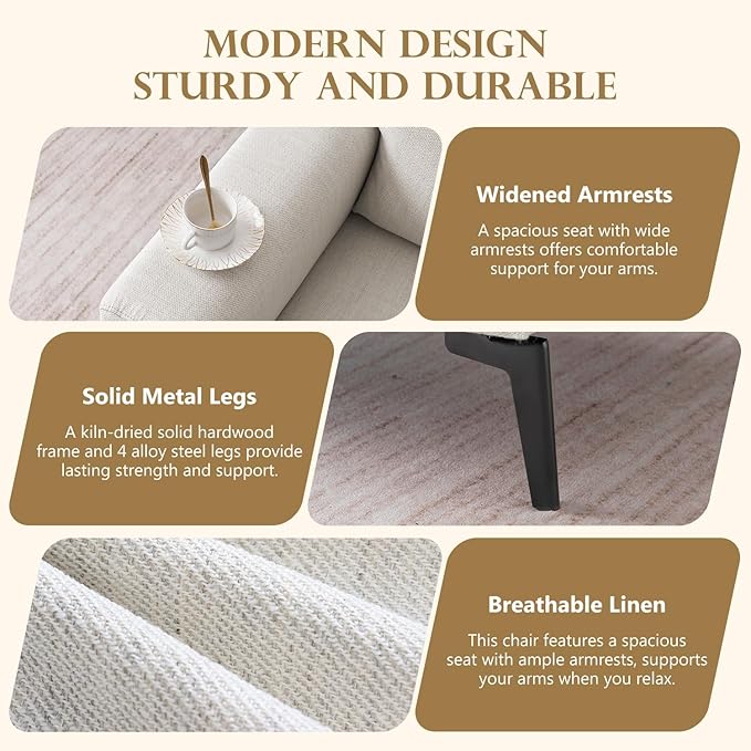 CDCASA Accent Chair, Linen Fabric Oversized Mid Century Modern Chair Set of 1, Comfy Upholstered Armchair Reading Accent Chairs Sofa Chairs for Bedroom Living Room, Beige