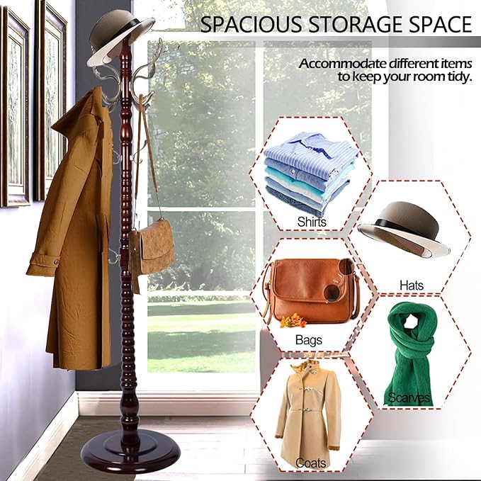 Coat Racks Free Standing with 14 Hooks, Natural Wood Coat Stands for Entryway, Adjustable Height 73 in Tree Coat Rack Stand for Hallway Home Office Bedroom (Mahogany metal)