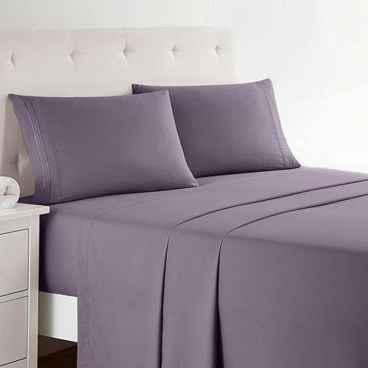 Clara Clark Bed Sheets, Premier 1800 Series Bed Sheet Set, Deep Pocket, Wrinkle, Fade, Stain Resistant, Luxury Soft Bedding Sheets & Pillowcases, King, Grayish Purple