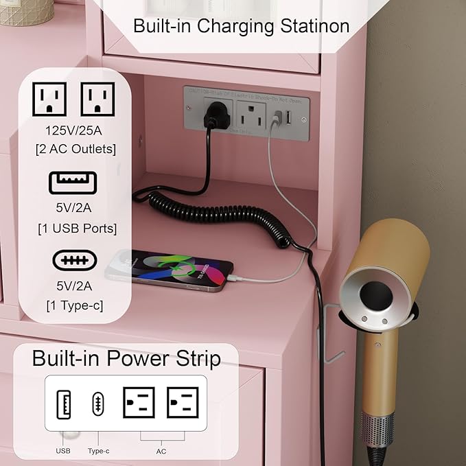 43" W Vanity Desk with Mirror & 11 Lights,Modern Makeup Desk with 5 Drawers & Cushioned Stool,3 Lighting Modes Brightness Adjustable,Power Outlet,Bedroom Dressing Table, Pink