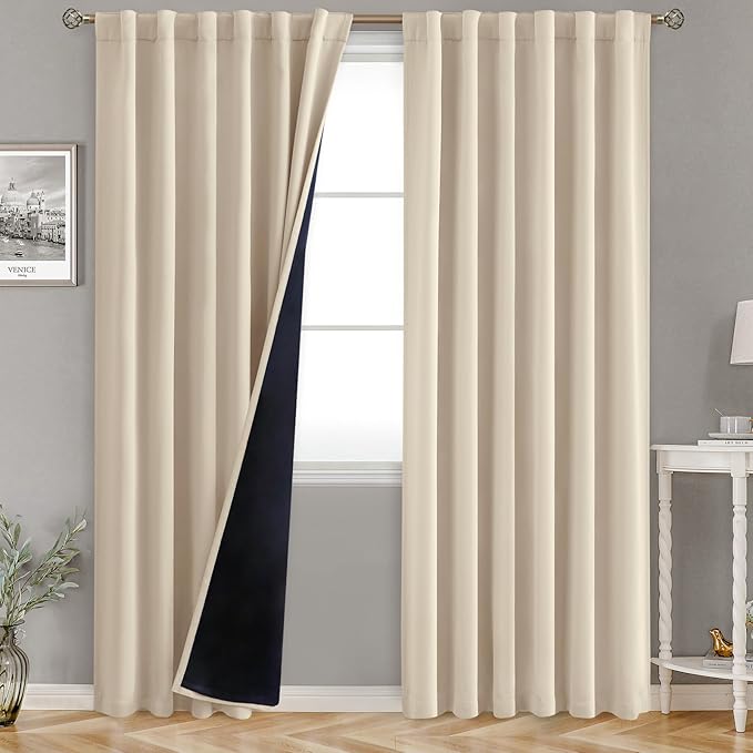 BGment Champagne 100% Blackout Curtains with Thermal Insulation Liner - 52 x 78 Inch Noise Reducing Room Darkening Curtains Light Blocking Rod Pocket and Back Tab Drapes for Bedroom, 2 Window Panels