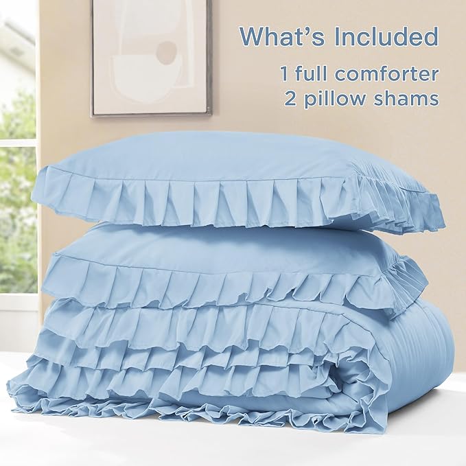 Litanika Light Blue Full Size Comforter Sets, 3 Pieces Ruffle Farmhouse Aesthetic Bedding Comforter Sets, All Season Soft Lightweight Fluffy Microfiber Bed Set(79x90In Comforter, 2 Pillowcases)