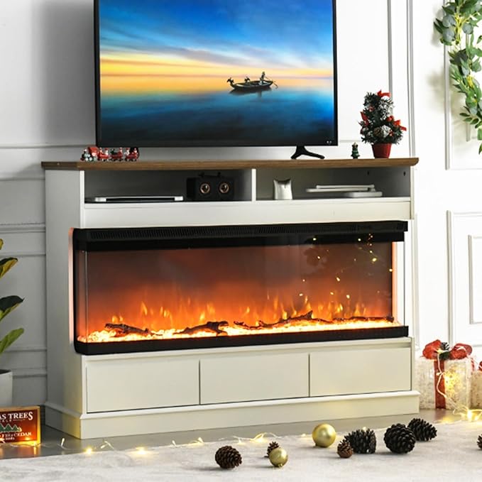 4 EVER WINNER Fireplace TV Stand with 50" Electric Fireplace, Fireplace Entertainment Center with 3-Side Glass Insert, 3 Drawers, TV Stands for Living Room, White