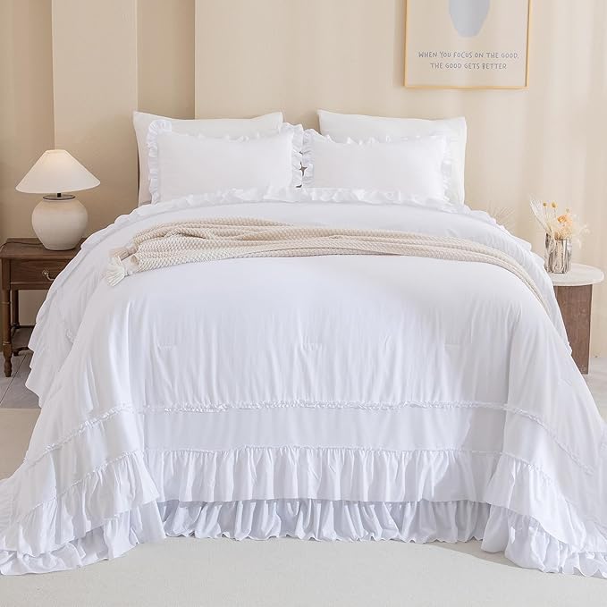 QSH White Oversized California King Ruffle Bed Comforter Set 128x120, Farmhouse Shabby Vintage Ruffled Comforter French Country Rustic Bedding Comforter Microfiber Fluffy Soft Bedding 3 PCs
