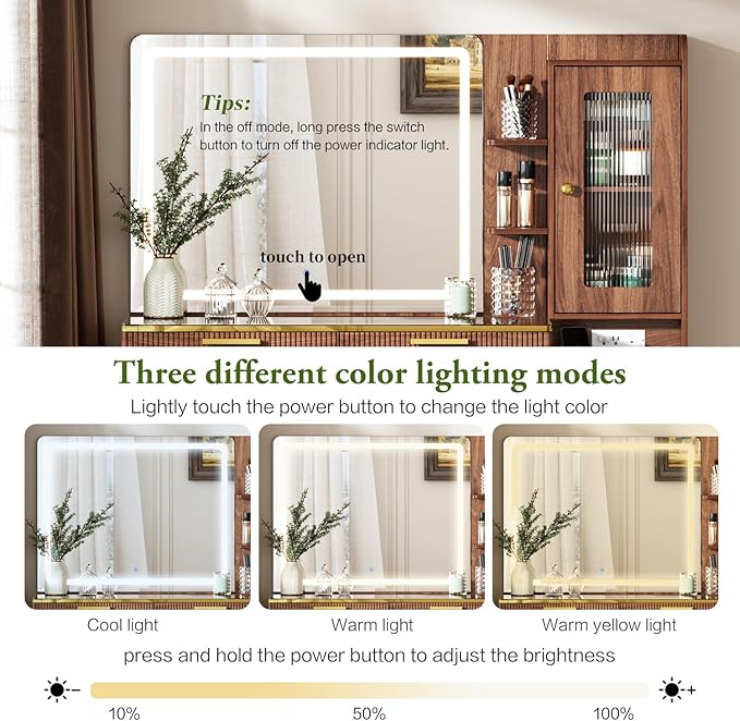 47.24" Big Modern Vanity Desk with Mirror and Lights,Makeup Vanity Desk with 5 Drawers and Storage Shelves & Power Outlet,Dressing Table with Glass Top, Walnut