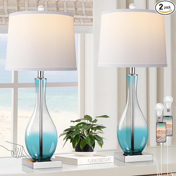 WIHTU Table Lamps Set of 2 with Touch Control, 27" Bedside Desk Lamps for Nightstand Decorations, 3-Way Dimmable Modern Glass Table lamp with USB C and A Charging Ports, Blue (LED Bulbs Included)