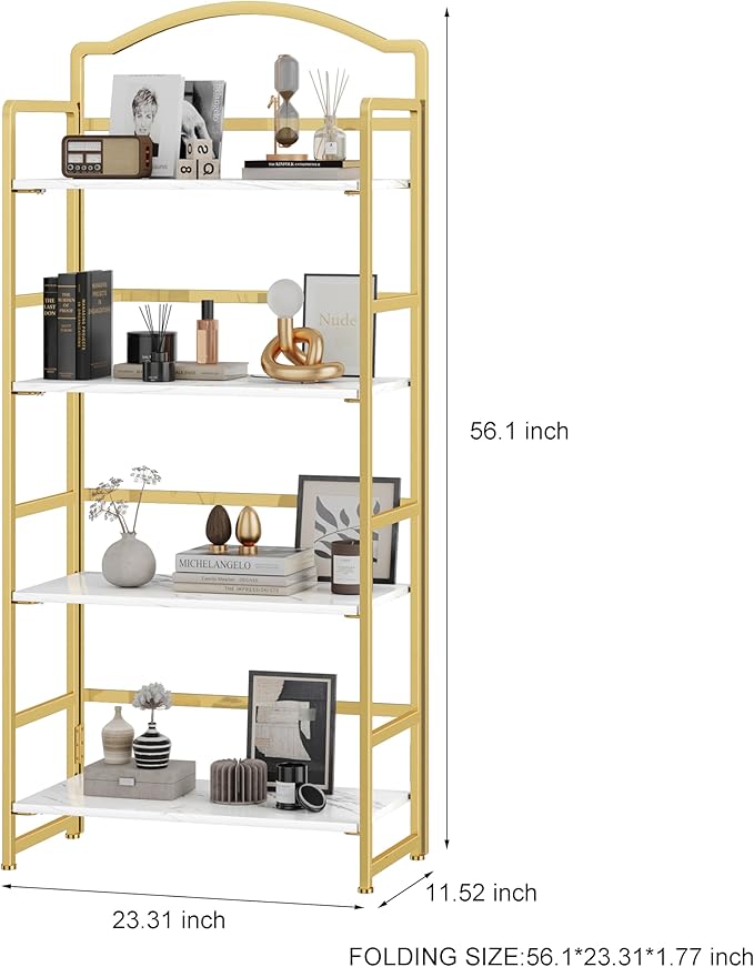 JSB No Assembly Folding Bookshelf, 4 Tier Book Shelf for Storage, Vintage Wood Foldable Bookcase for Living Room, Bedroom, Office Organization Shelves