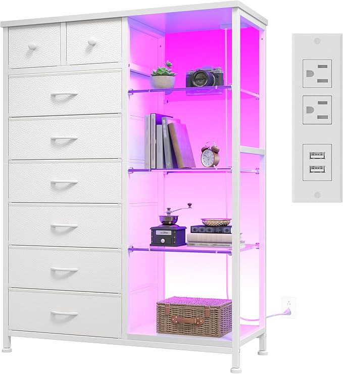 EnHomee Dresser for Bedroom with LED Lights & Power Outlets Tall Dresser with 8 Drawers Fabric Dressers & Chests of Drawers for Bedroom, Closet, Sturdy Metal Frame, Acrylic Plates (White)