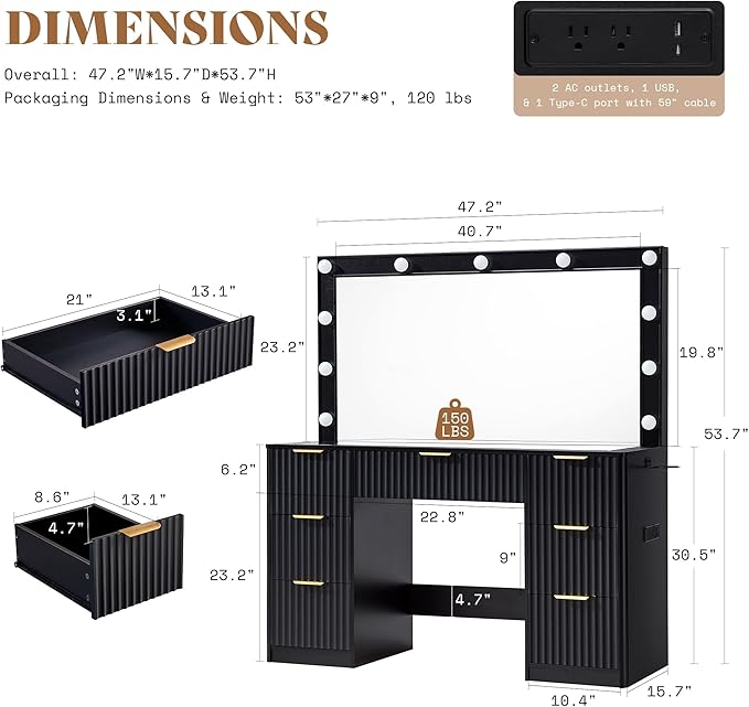 AMERLIFE 47.2" Fluted Vanity Desk with Large Mirror and Adjustable LED Lights, 7 Drawers Makeup Table with Glass Top and Charging Station for Women and Girls, Bedroom or Dorm, Black