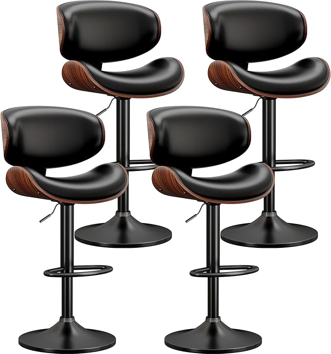Bar Stools Set of 4, Bentwood Adjustable Height Swivel Bar Stools, PU Leather Upholstered Bar Chair with Back and Footrest for Bar, Kitchen, Dining Room, Black
