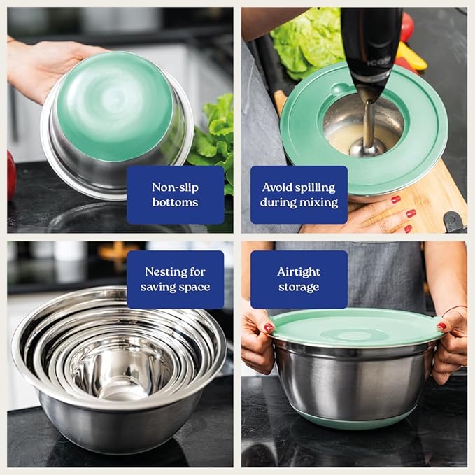 WHYSKO Stainless Steel Mixing Bowls with Lids Set - 5 Rustproof Metal Nesting Mixing Bowls for Kitchen, Meal Prep, Baking, Cooking, Storage - Includes 3 Grater Attachments, Dishwasher Safe