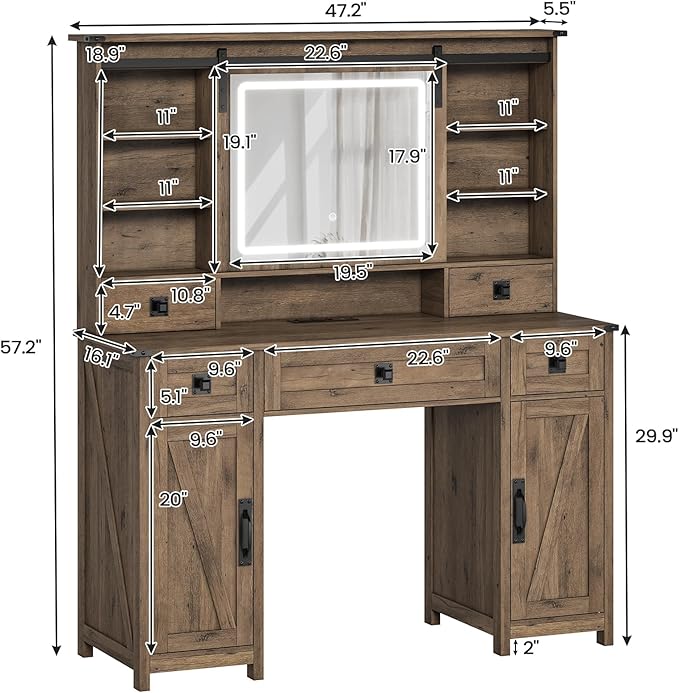 AOGLLATI Farmhouse Makeup Vanity Desk with Lights & Charging Station,Vanity Desk with Mirror and Lights, 47.2” Large Brown Vanity Table with Ample Storage Space and Sliding Mirror (Oak Brown)