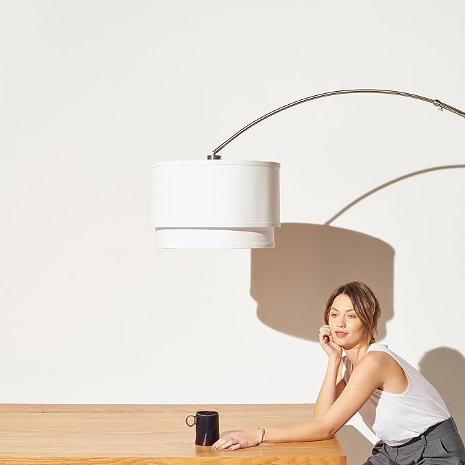 Brightech Mason Arc Floor Lamp - Modern Corner Standing Lamp with Unique Hanging Drum Lamp Shade for Living Room - Bright Overhead, Curved Hanging Light for Bedroom. Library, Den - Nickel