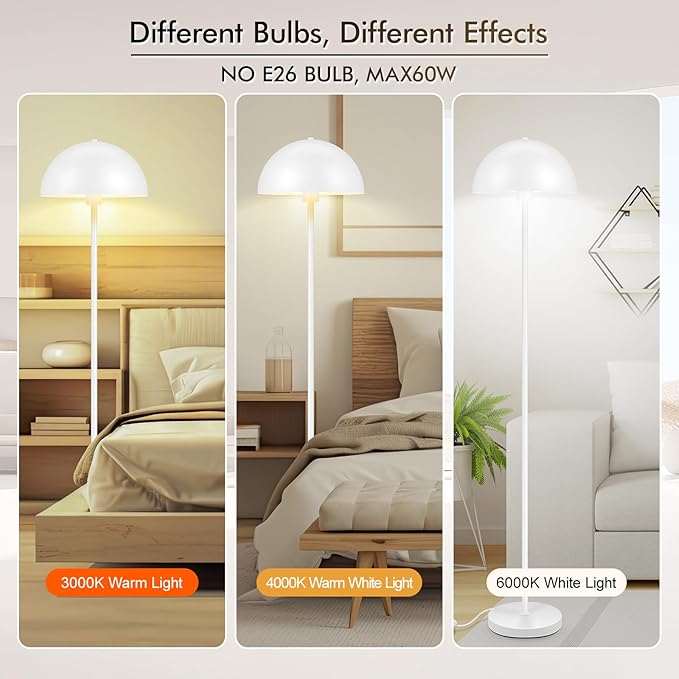 Floor Lamp, Industrial White Floor Lamps for Living Room, 65.6in Standing Lamp, Retro Mushroom Dome Shade, Whole Metal, E26 Socket, Mid Century Modern Floor Lamp for Bedroom/Office,No Bulb