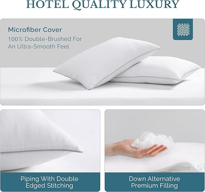 Casa Platino Bed Pillows King Size Set of 2 - Firm, Cozy & Soft Pillows for Adults- Pack of 2 – Luxury King Size Bed Pillow for Side, Back & Stomach Sleepers - White