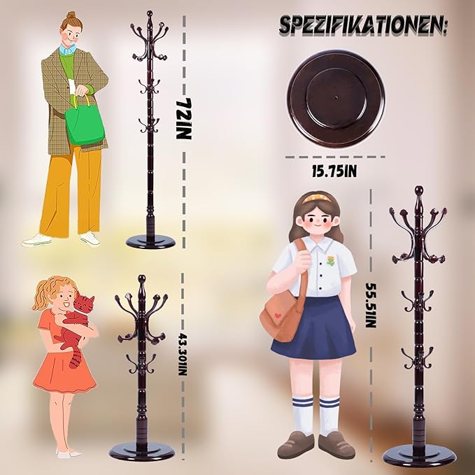 72 in Wood Coat Rack, Coat Rack Freestanding with Stable Round Base, Adjustable Height Tree Coat Racks Stand for Home Bedroom Office Hallway Entryway (Rosewood Ruyi Hook)