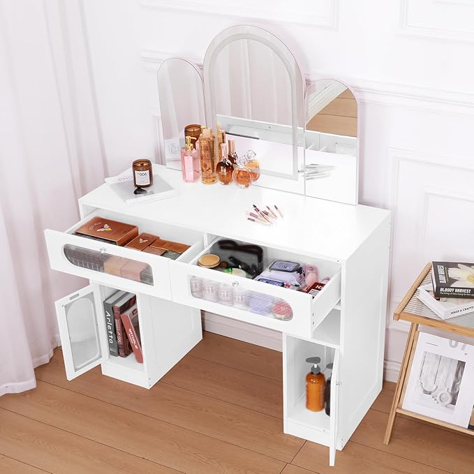 Vanity Desk with Arched Tri-Fold Mirror, Dimmable Vanity Table, LED RGB Makeup Vanity with 2 Drawers, 2 Open Storage Area & 2 Cabinets, Gifts for Girls/Women, Dressing Table (White)
