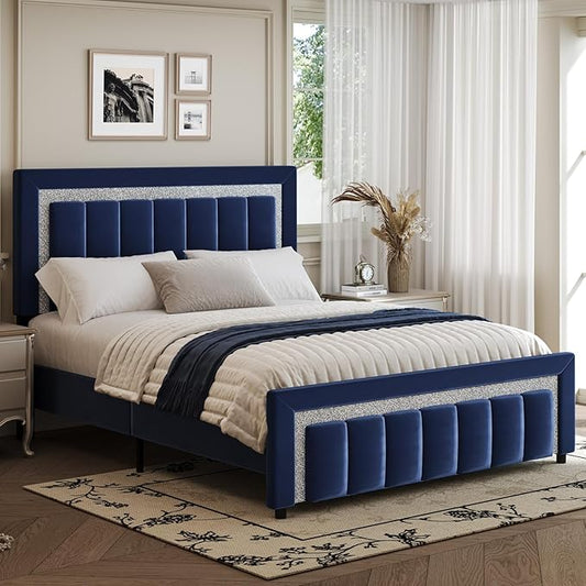 HOMBCK Full Size Bed Frame with Upholstered Headboard and Footboard, Full Size Upholstered Bed Frame with Diamond Design, No Box Spring Needed, Easy Assembly, Blue