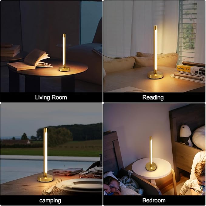 Gold Cordless Table Lamp, 5200mAh Rechargeable Battery Operated Lamp with 3-Levels Brightness, Touch LED Night Light Wireless Minimalist Design for Bedroom Camping Outdoor Patio,Brass