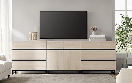 WAMPAT Modern TV Stand for TVs up to 100 Inch, 3-in-1 TV Console with Adjustable Shelves and 6 Drawers, Media Console for Living Room and Bedroom, Light Oak