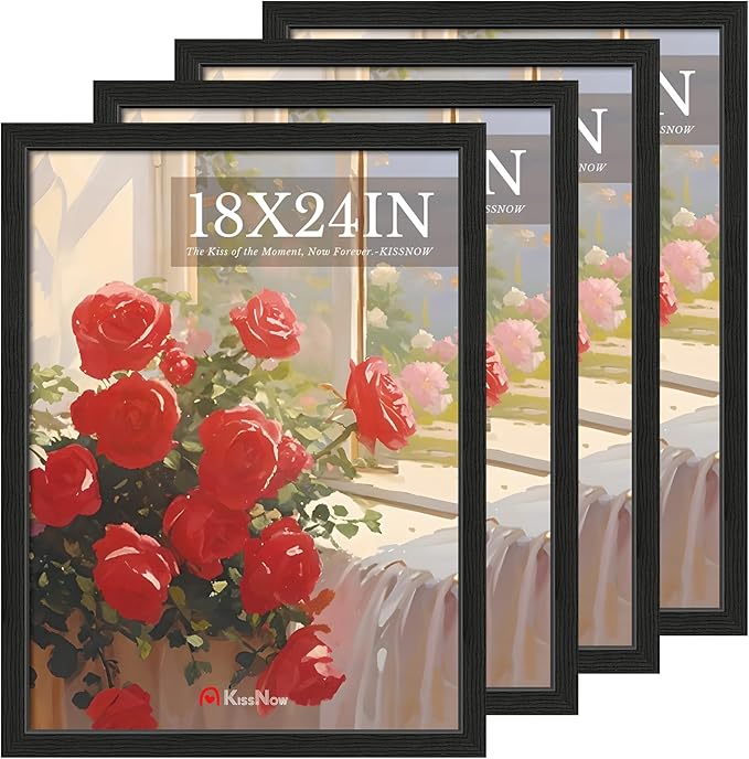 18x24 Poster Frame 4 Pack, Black Solid Wood Picture Frame with Polished Plexiglass, Wall Hanging