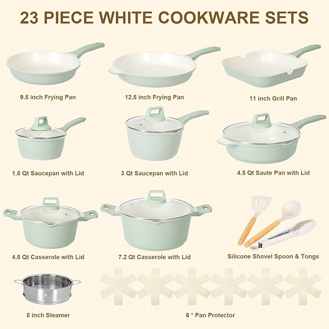 Romswi 23pcs Pots and Pans Set Non Stick, Kitchen Cookware Set with Casserole, Frying & Saucepans, Oven Safe & Stovetop Agnostic (Gas, Electric & Induction) - Green