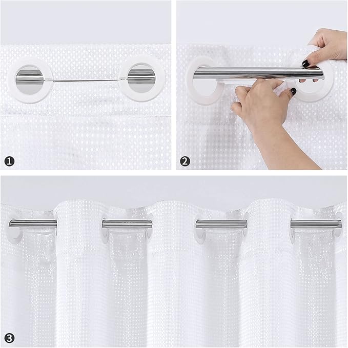 MitoVilla No Hooks Required Extra Long Shower Curtain Set with Snap-in Liner, 86 inch XL White Waffle Heavyweight Fabric Cloth Shower Curtains for Modern Luxury Hotel & Spa Bathroom Decor