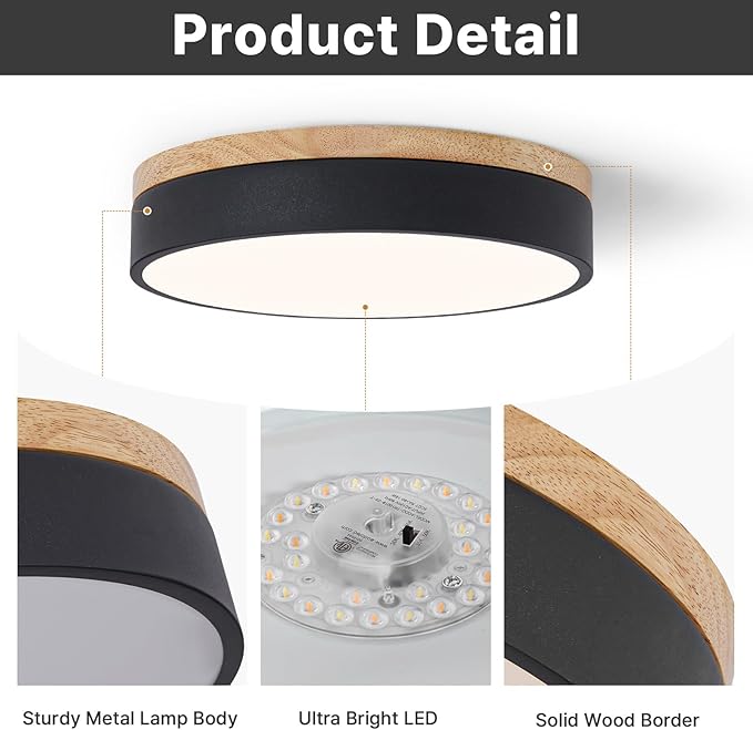 Led Flush Mount Ceiling Light: 11.8" Dimmable 5CCT Overhead Ceiling Lighting Fixture - Morden Black Round Close to Ceil Lights - Flat Wood Minimalist Light Fixtures for Living Room Laundry Bedroom