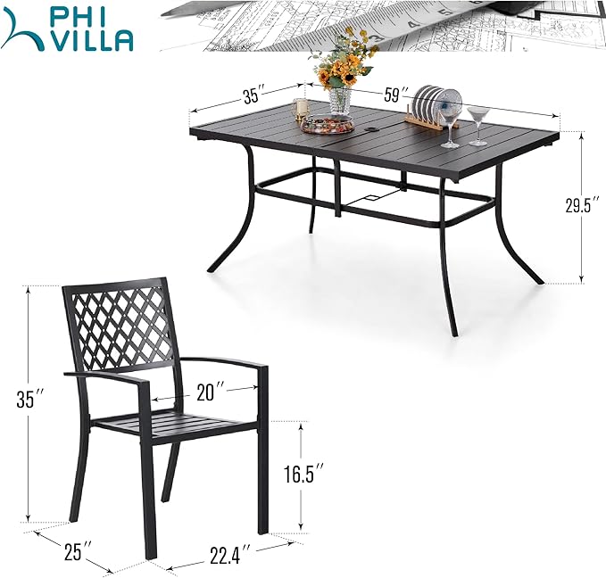 PHI VILLA Patio Dining Set 7 Pcs 1 Metal Dining Table and 6 Patio Stackable Chairs for Outdoor Backyard Bistro Furniture Set