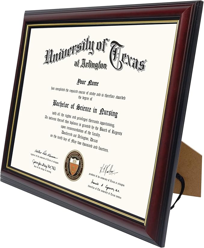 GraduationMall 8.5x11 Certificate Diploma Frame,Solid Wood & UV Protection Acrylic,Cherry Finish with Gold Trim
