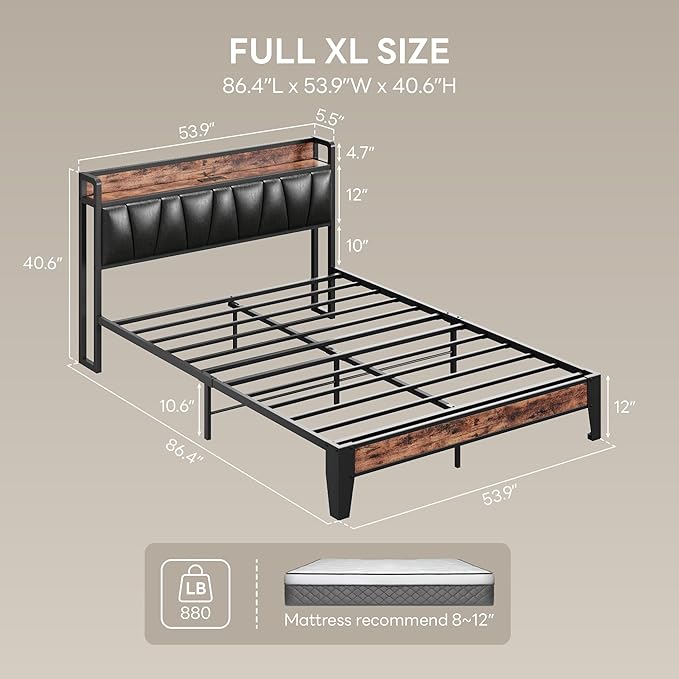 LIKIMIO Full XL Bed Frame, Storage Headboard with Charging Station, Solid and Stable, Noise Free, No Box Spring Needed, Easy Assembly(Vintage and Black)