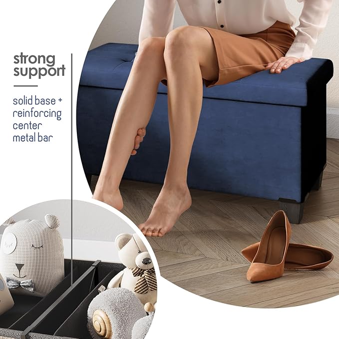 STORAGEBUD Storage Ottoman Bench with Bins, 30-in Storage Bench for Bedroom End of Bed, Folding Foot Rest Ottoman for Living Room Max 660lbs, Velvet Ottomans, Blue